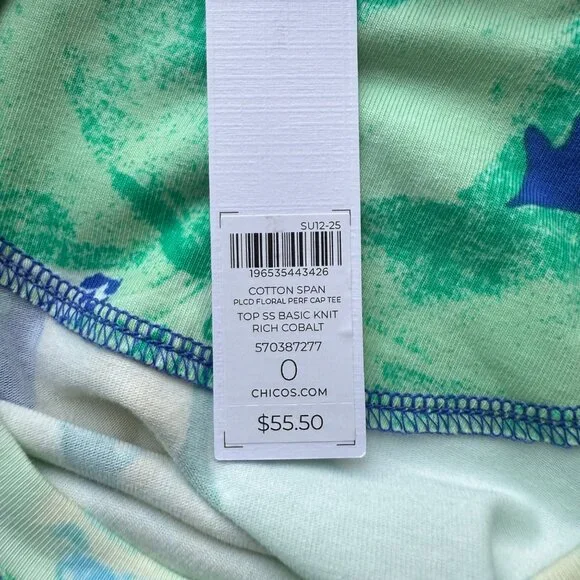 CHICOS T-Shirt Womens S Blue Yellow Floral Cotton Stretch Top Short Sleeve - Picture 4 of 4